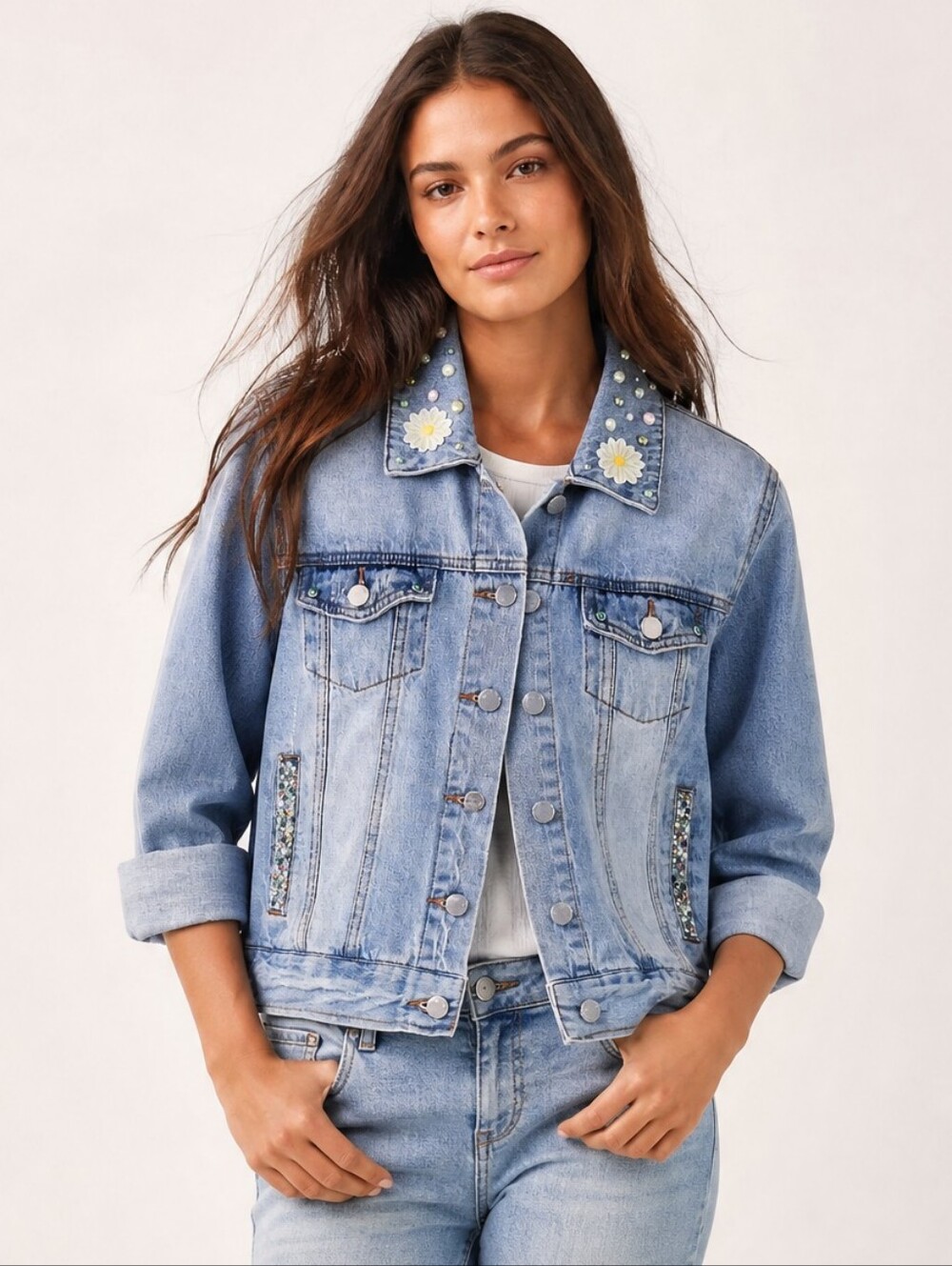 Upcycled Reserve Fairfax Light Wash Denim Jacket with Embellished Fringe Back